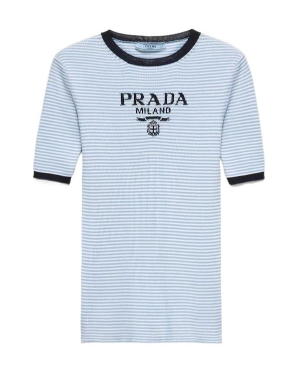 Prada Blue Striped Silk Crew-Neck Sweater