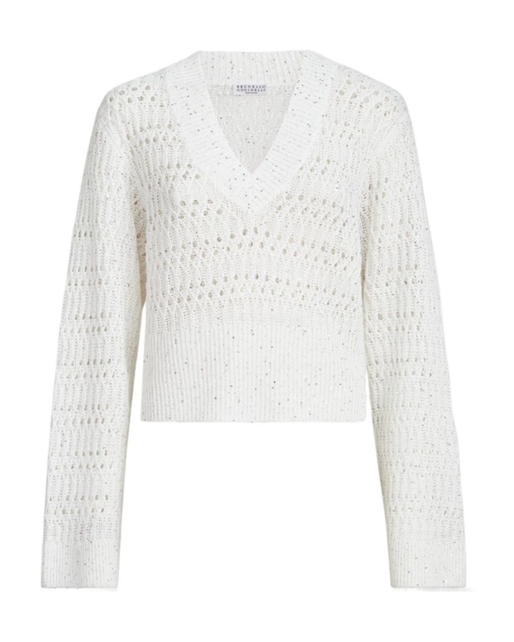 Brunello Cucinelli White Openwork V-Neck Knitted Sweater