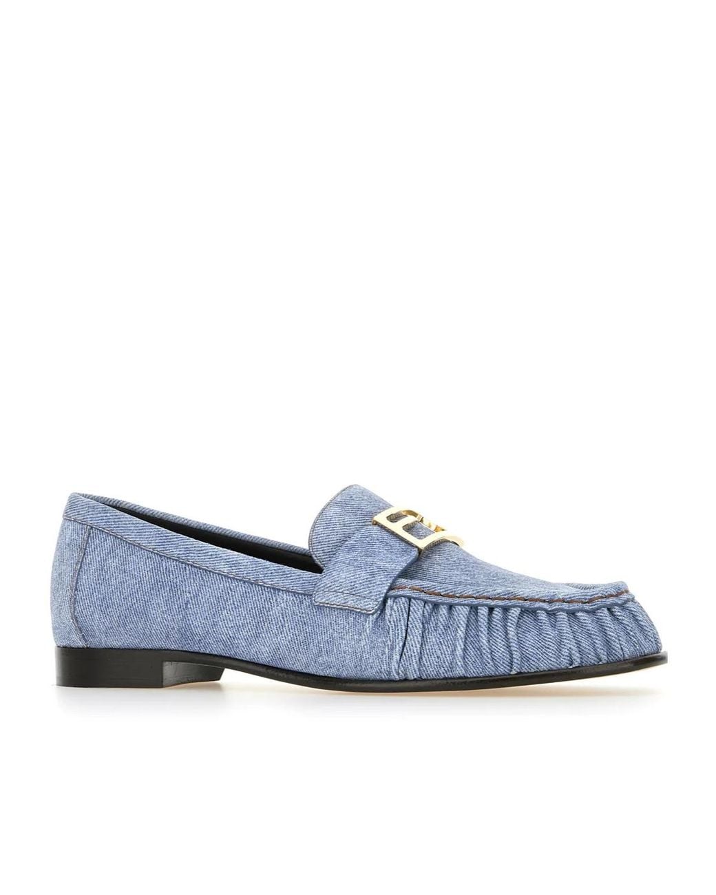 Fendi Blue Baguette Logo Plaque Gathered Loafers