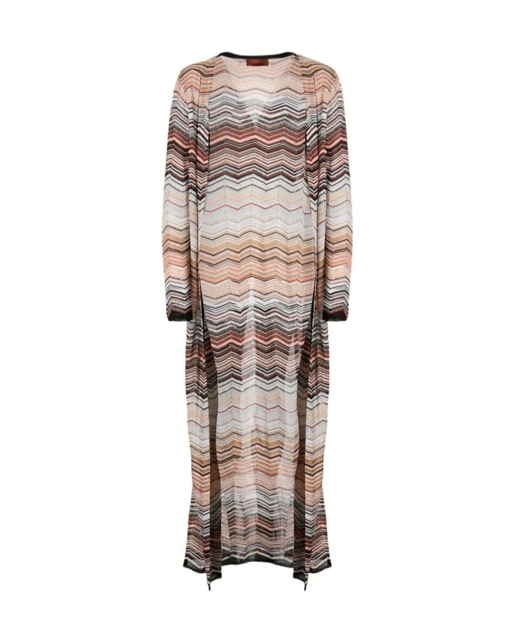 Missoni Natural Long, Lightweight Sequined Cardigan With A Herringbone Pattern