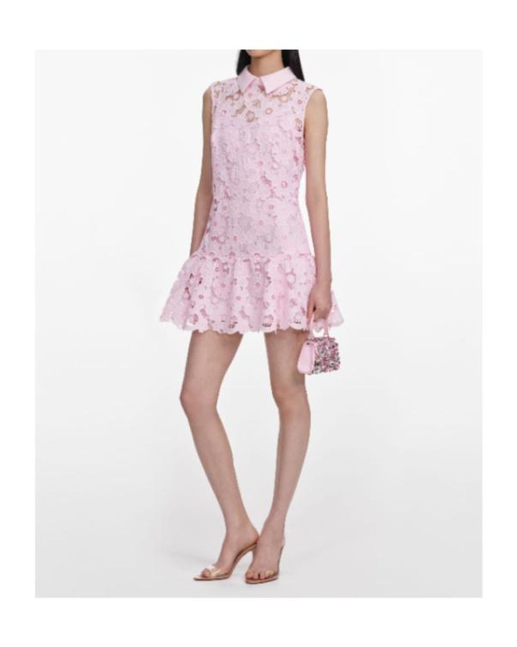 Self-Portrait Pink Embellished-Trim Lace Mini Dress
