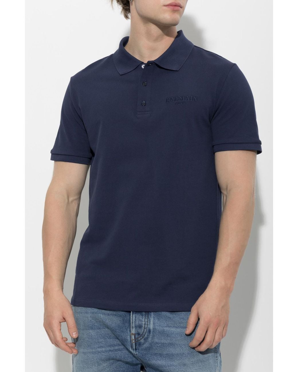 Balmain Blue Logo Embroidered Short-Sleeve Polo Shirt for men