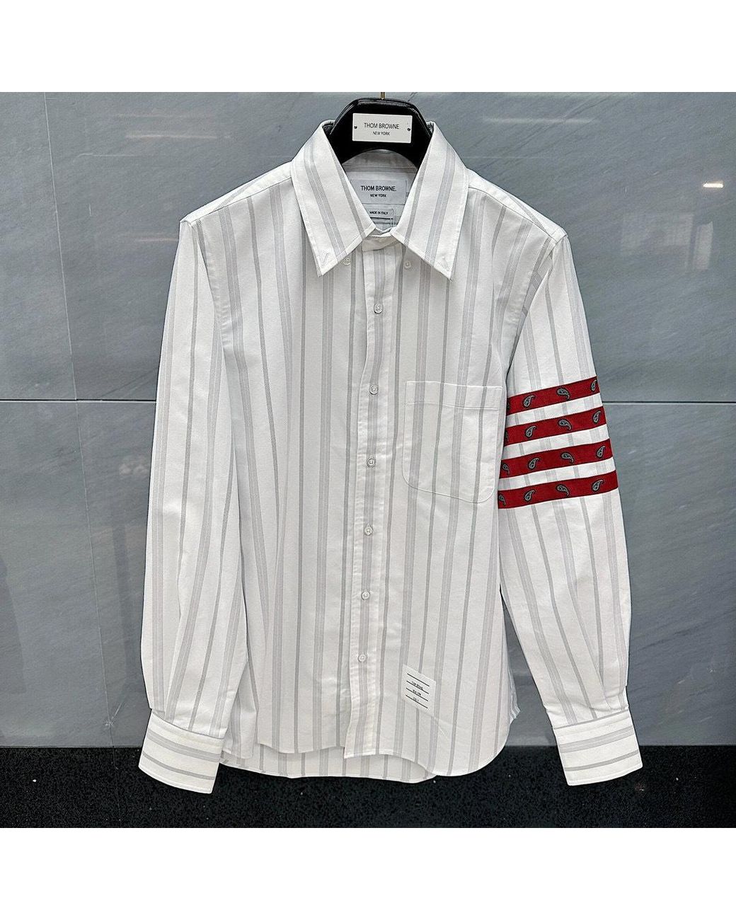 Thom Browne White Bar Striped Buttoned Shirt for men