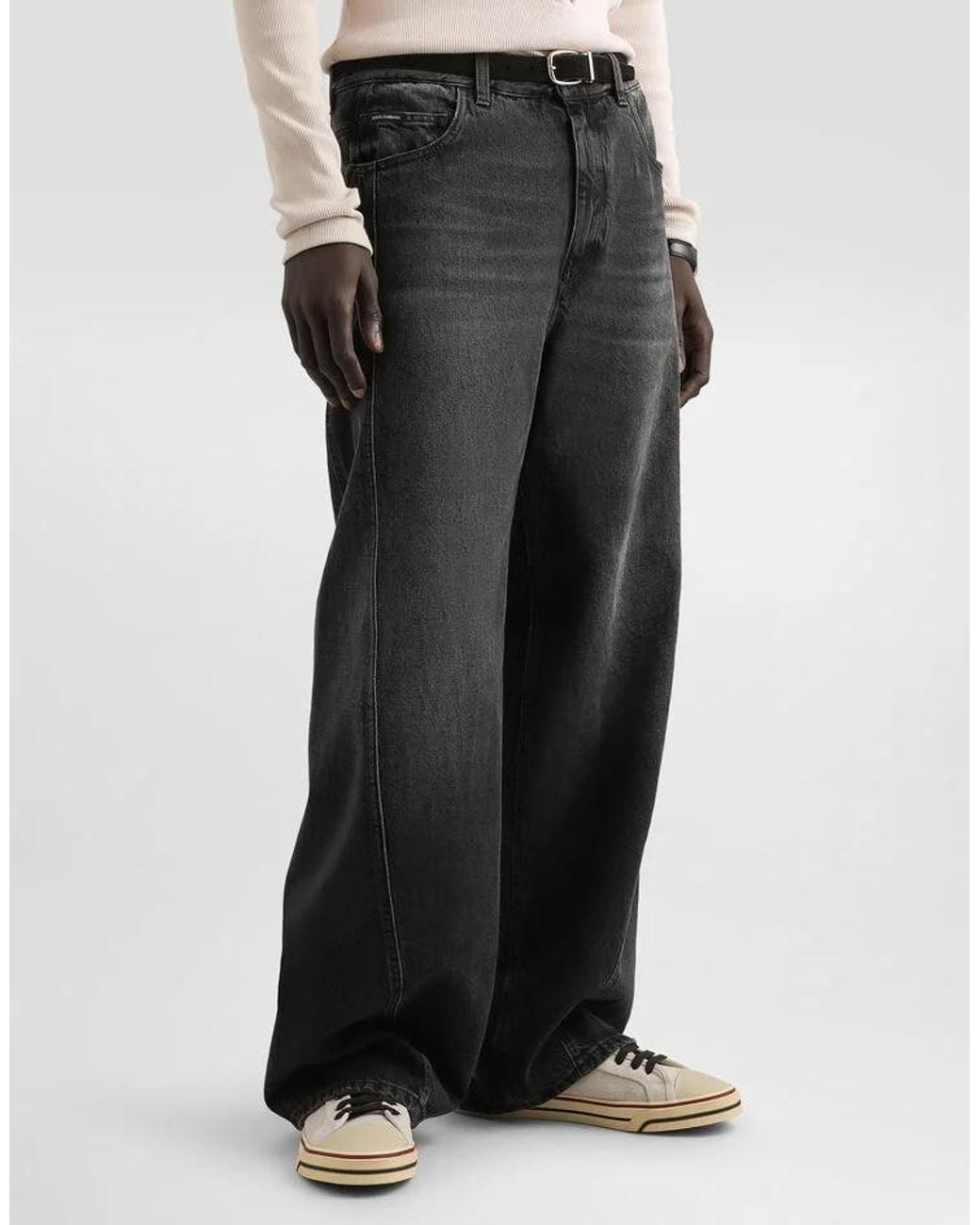 Dolce & Gabbana Gray Logo Plaque Wide-Leg Jeans for men