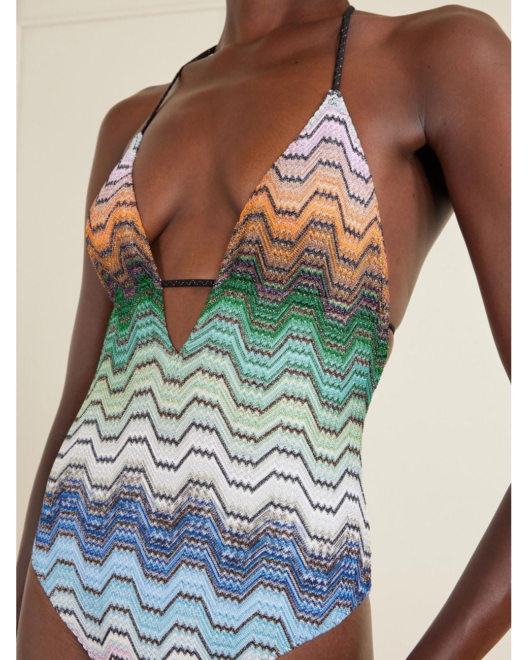 Missoni Blue Striped Crochet-Knit Halterneck Swimsuit