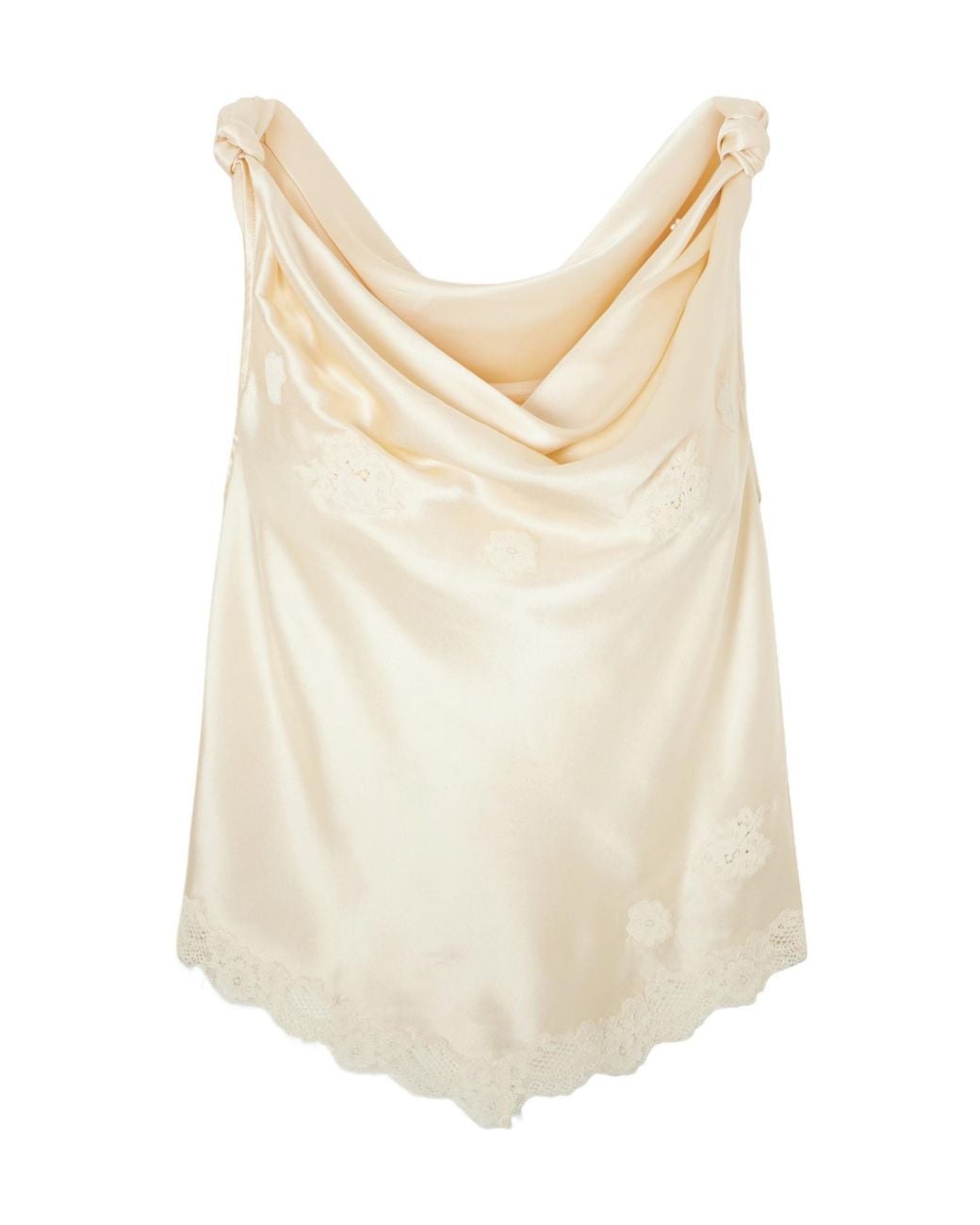 Doen White Gathered Lace-Trimmed Silk-Satin Top