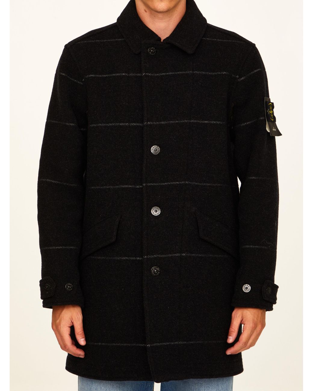 Stone Island Black Striped Single-Breasted Coat for men