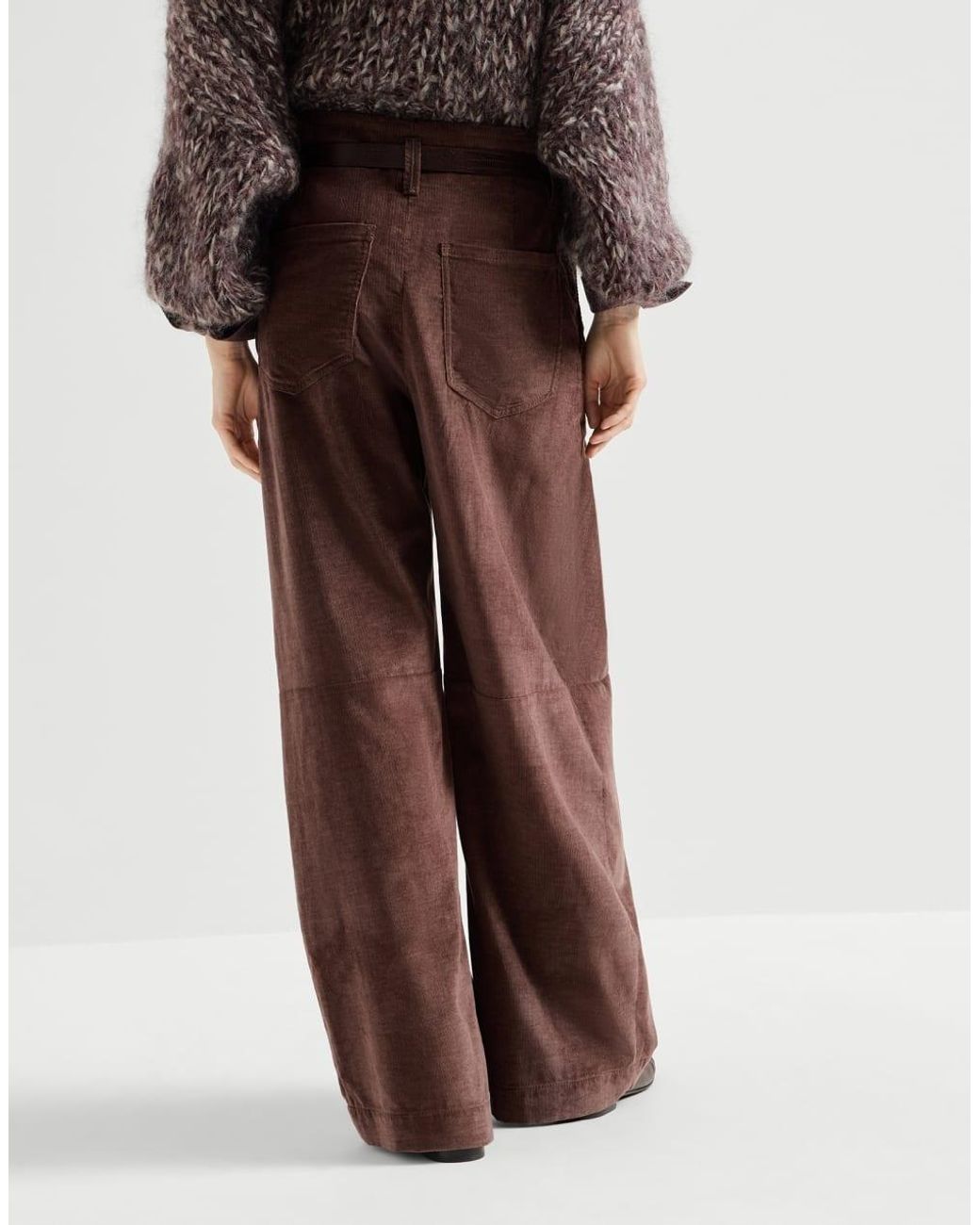 Brunello Cucinelli Brown Stretch Cotton And Cashmere Corduroy Five-Pocket Baggy Trousers With Monili