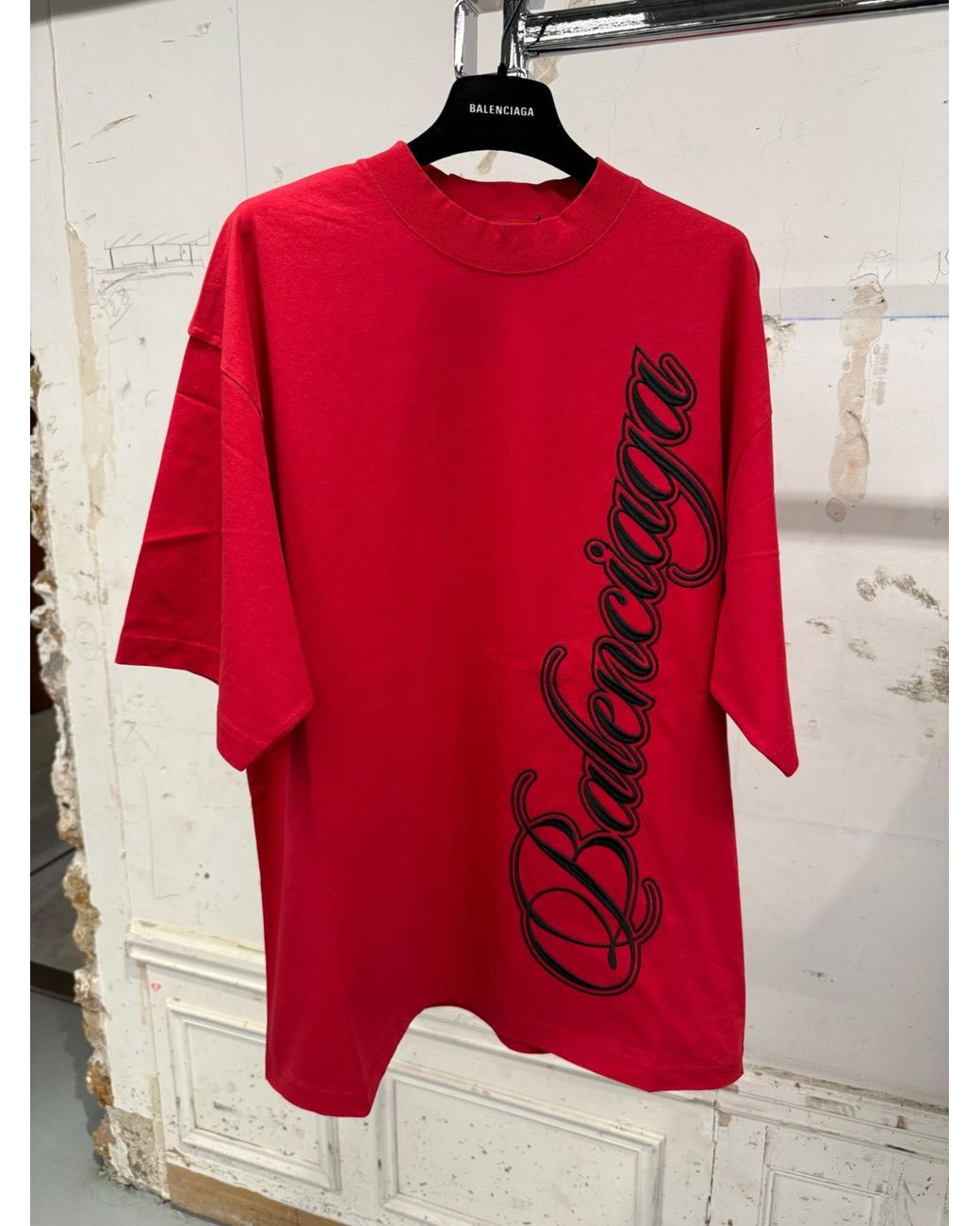 Balenciaga Red Cursive Medium Fit T-Shirt for men