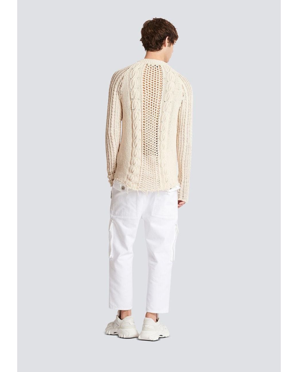 Balmain White Distressed Cable-Knit Jumper for men
