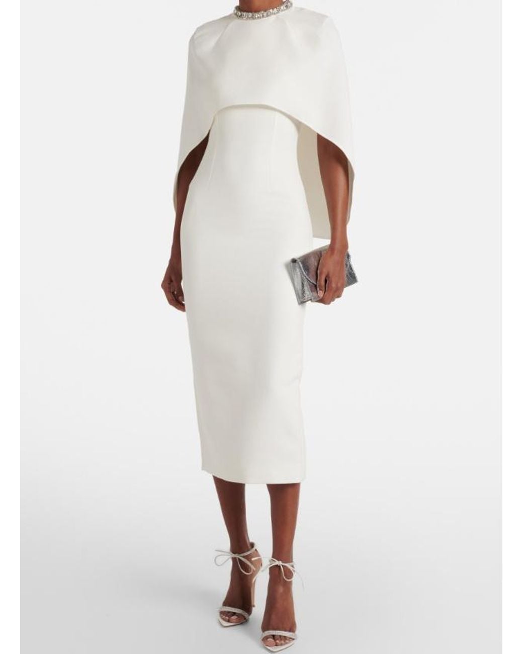 Roland Mouret White Caped Crystal-Embellished Crêpe Midi Dress