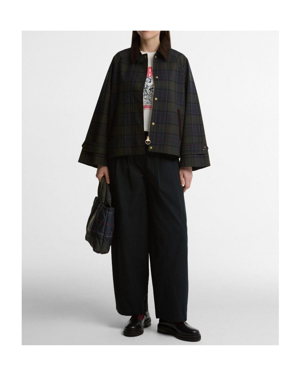 Barbour Black Cropped Plaid Wool Jacket