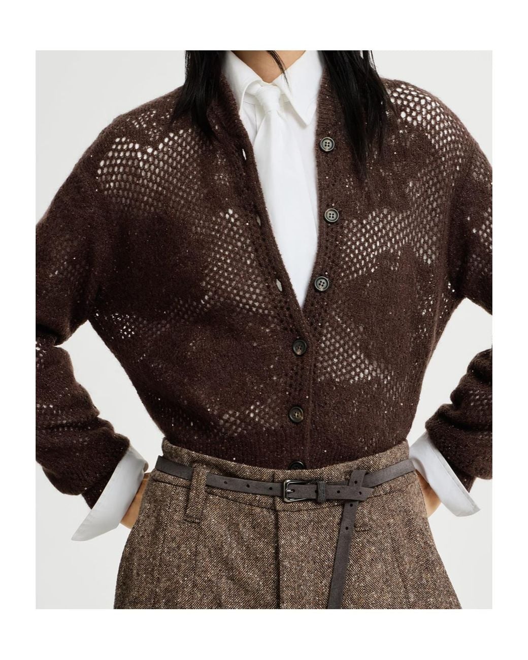 Brunello Cucinelli Brown Lace Flowers Cardigan