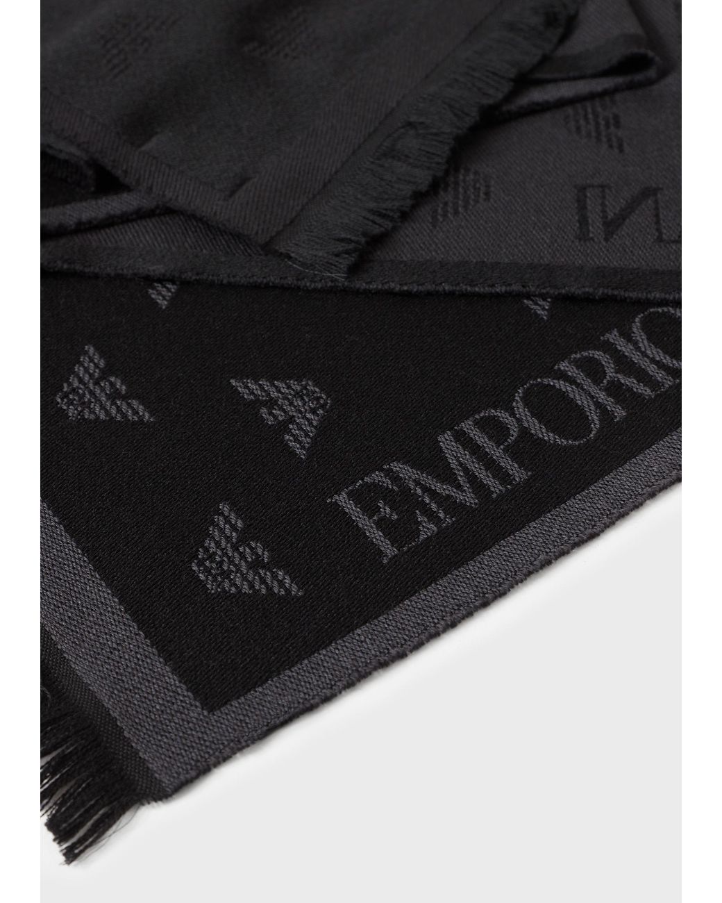 Emporio Armani Black Logo Embroidered Frayed Edge Knitted Scarf for men