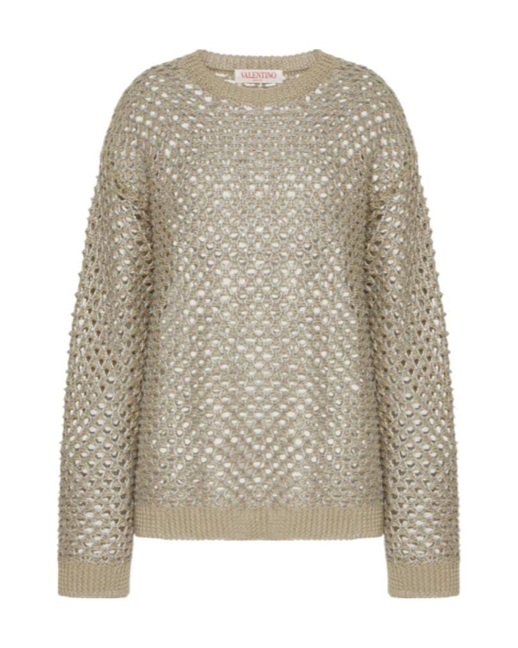 Valentino Gray Open-Knit Straight Hem Crewneck Jumper