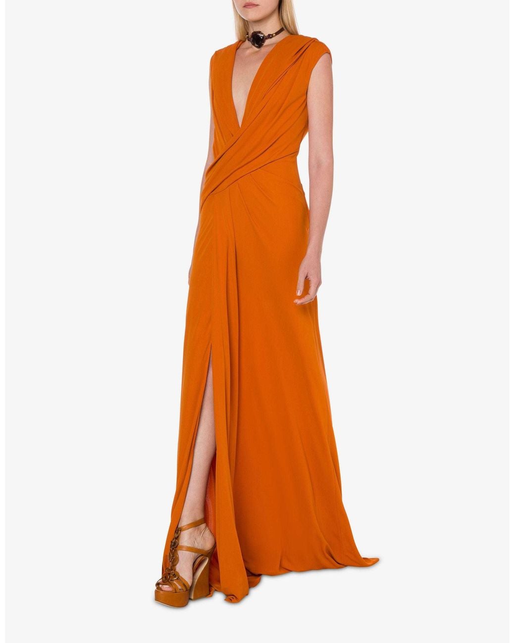 Alberta Ferretti Orange Draped Sleeveless Dress