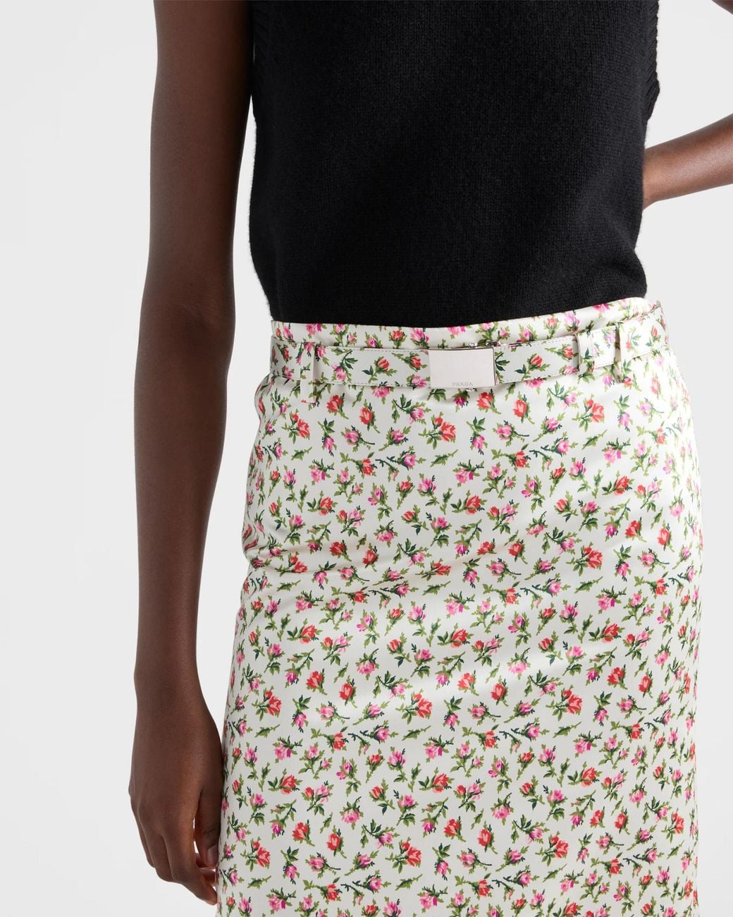 Prada White Printed Silk Duchesse Midi Skirt