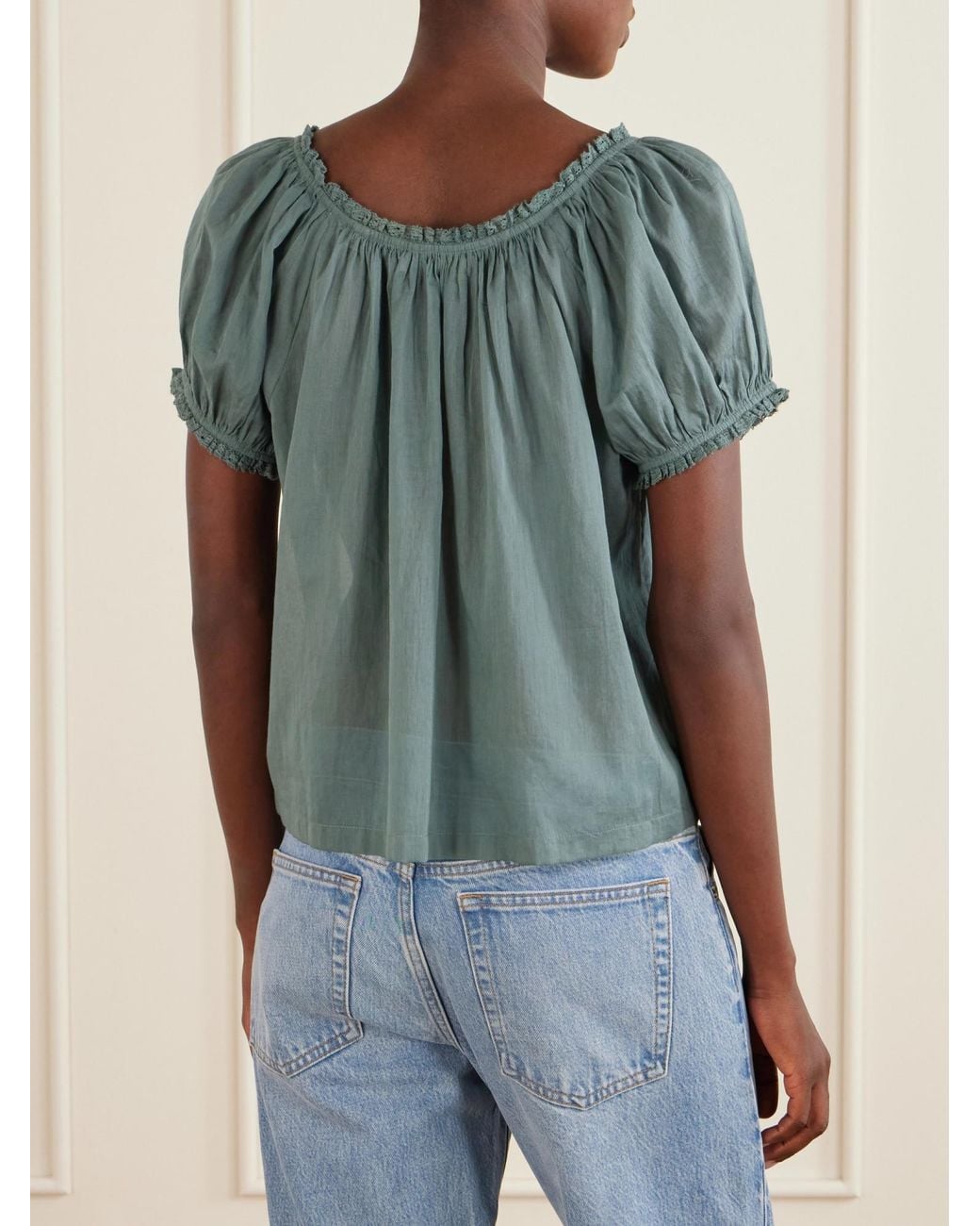 Doen Blue Vintage Lace Trimmed Blouse