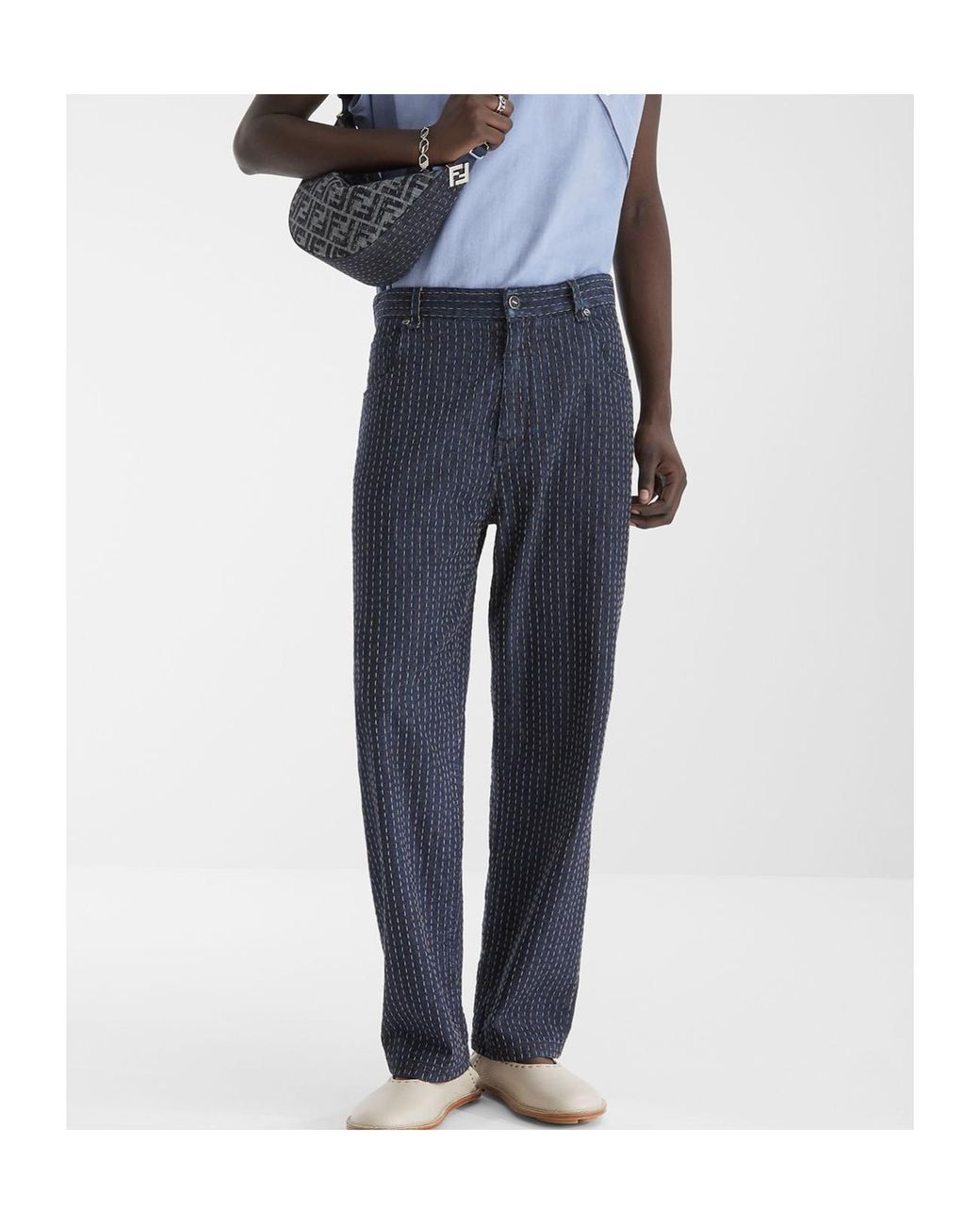 Fendi Blue Straight-Leg Topstitched Long Jeans for men