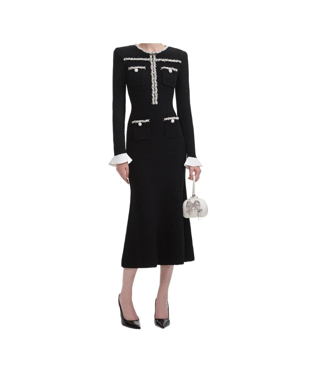 Self-Portrait Black Pearl-Trim Knit Midi Dress