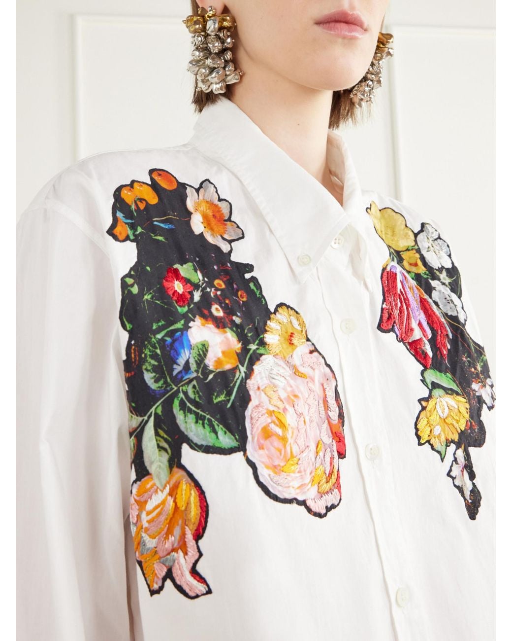 Dries Van Noten White Floral-Embroidered Cotton-Poplin Shirt