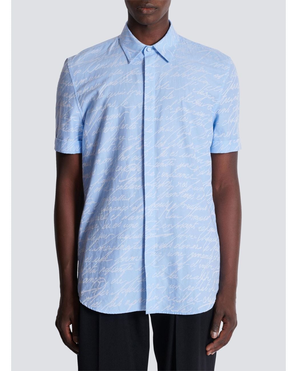 Balmain Blue Love Letter Printed Short-Sleeved Jacquard Shirt for men