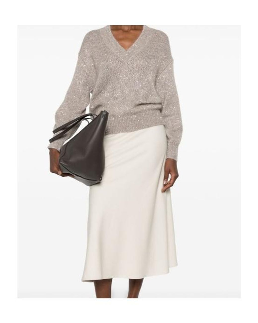 Brunello Cucinelli Natural Sequin-Embellished V-Neck Sweater