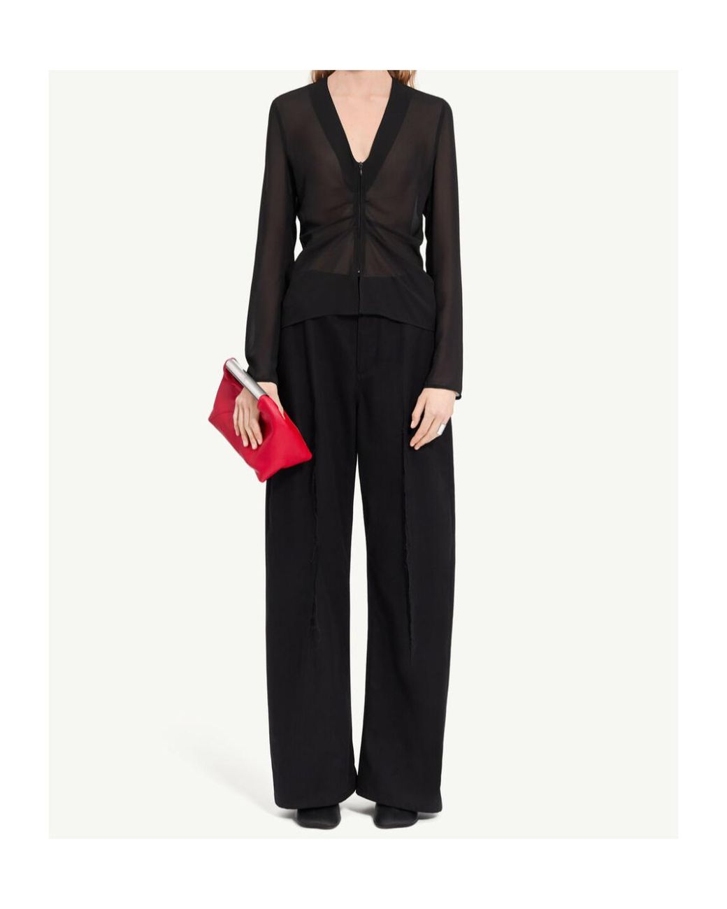 MM6 by Maison Margiela Black Gathered Chiffon V-Neck Top