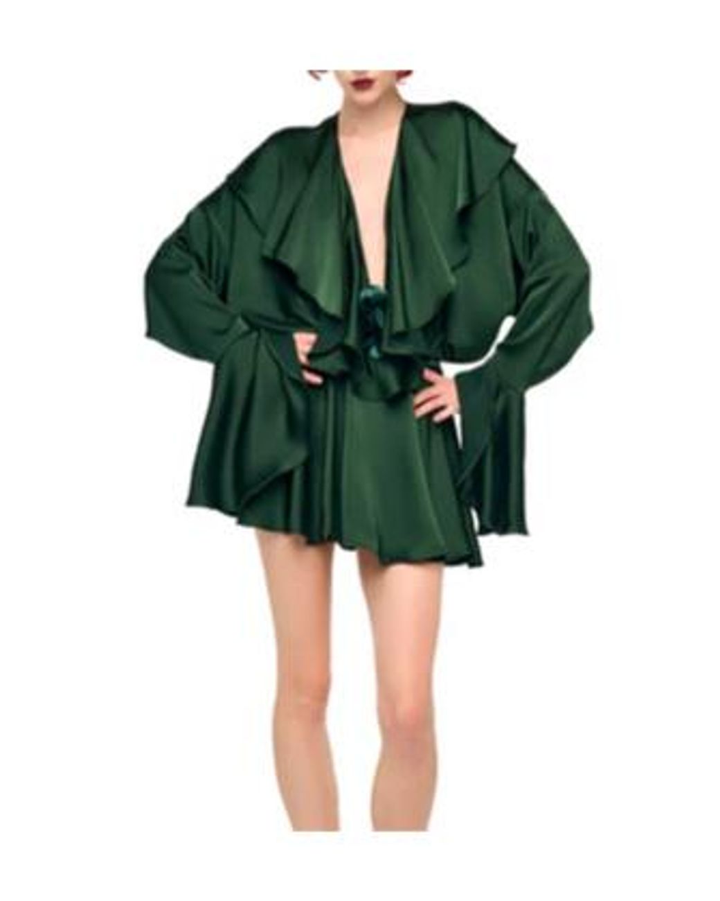 Norma Kamali Green Long Sleeve Deep V Ruffle Bodysuit