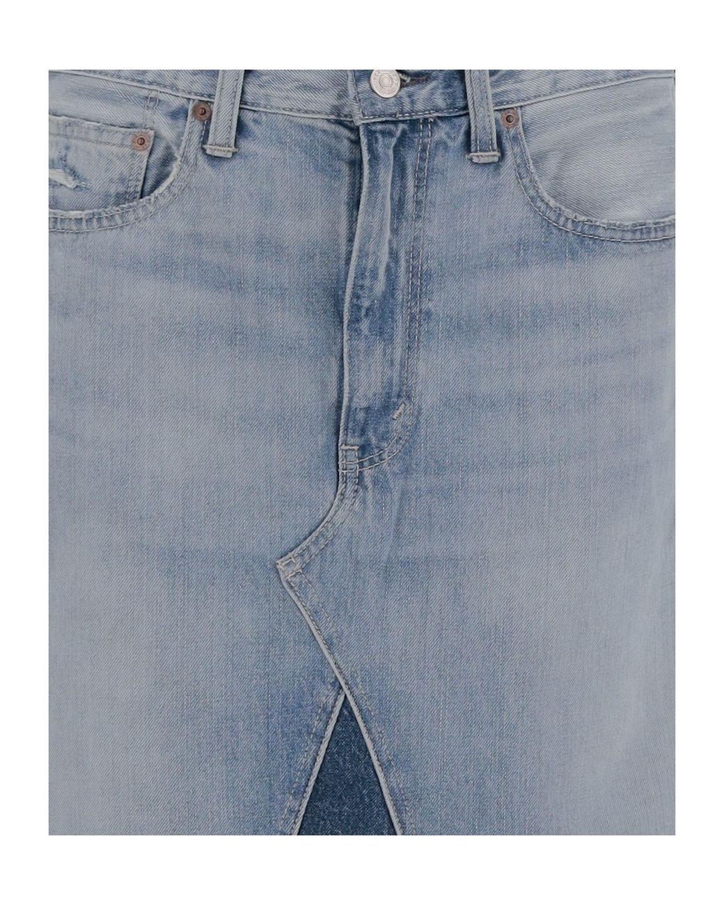 Polo Ralph Lauren Blue Patchwork Frayed Denim Midi Skirt