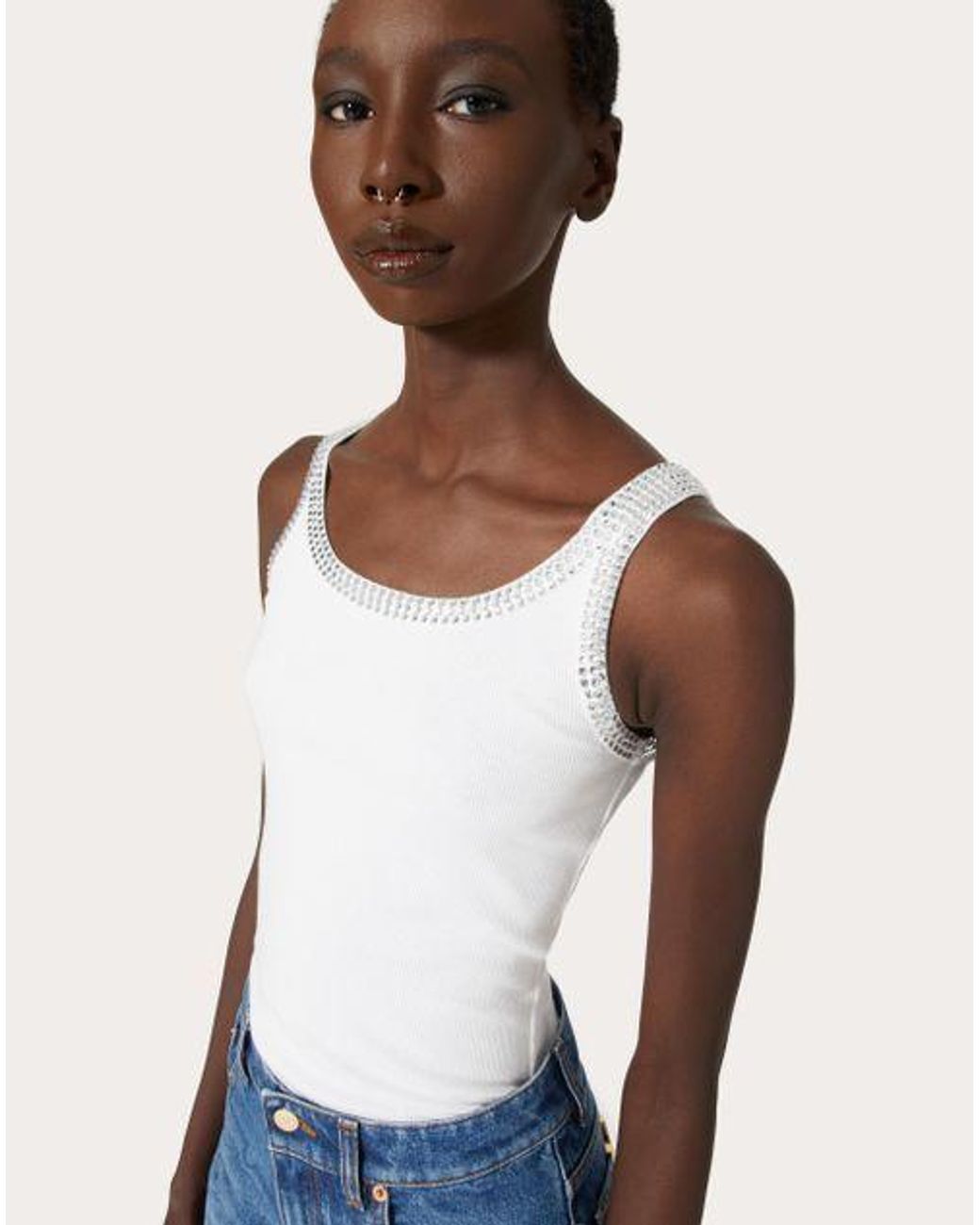 Valentino White Embroidered Rhinestone-Detail Tank Top