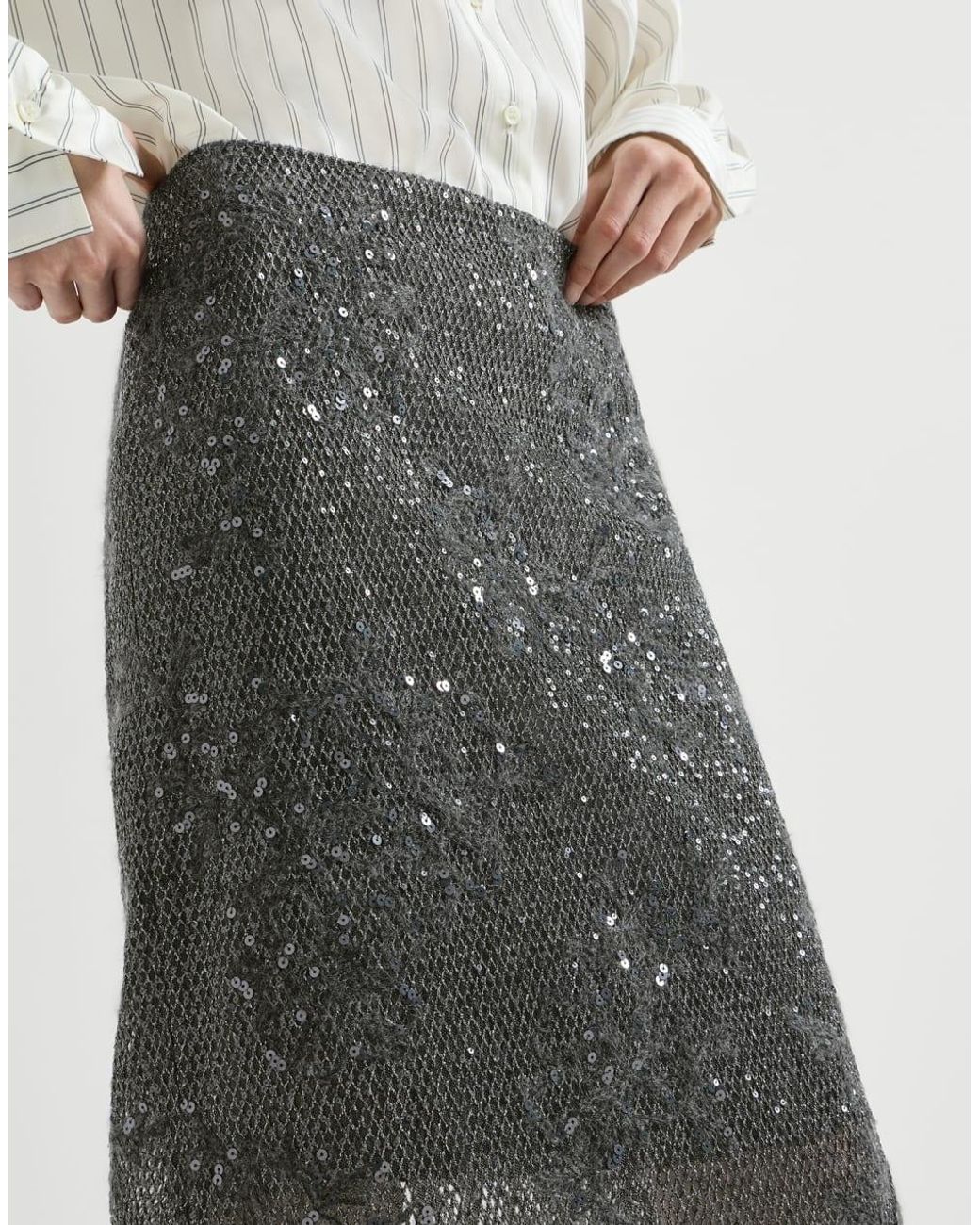 Brunello Cucinelli Gray Dazzling Lace Embroidery Pencil Skirt