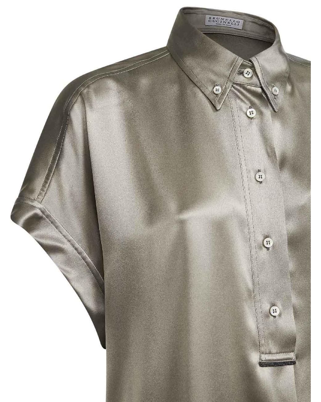 Brunello Cucinelli Gray Stretch Satin Monili Shirt