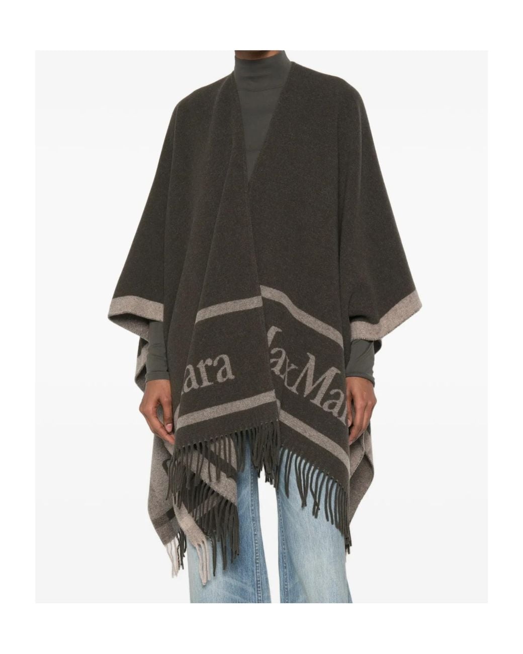 Max Mara Black Fringed Logo Jacquard Shawl