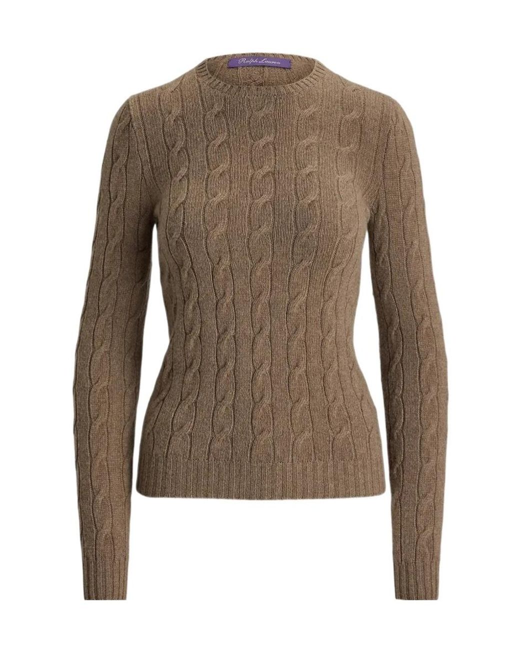 Ralph Lauren Brown Cable-Knit Cashmere Crewneck Sweater