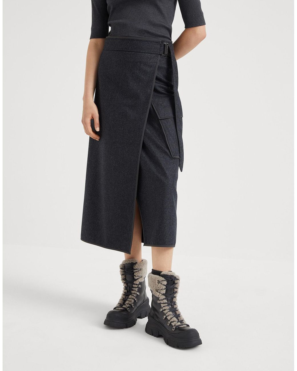 Brunello Cucinelli Black Wrap Midi Skirt