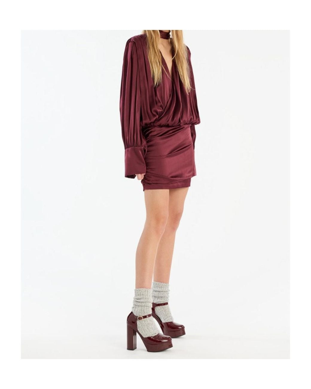 ROTATE BIRGER CHRISTENSEN Red Long-Sleeved V-Neck Dress