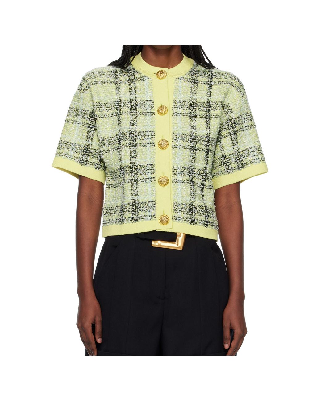 Balmain Green Buttoned Check Tweed Cardigan