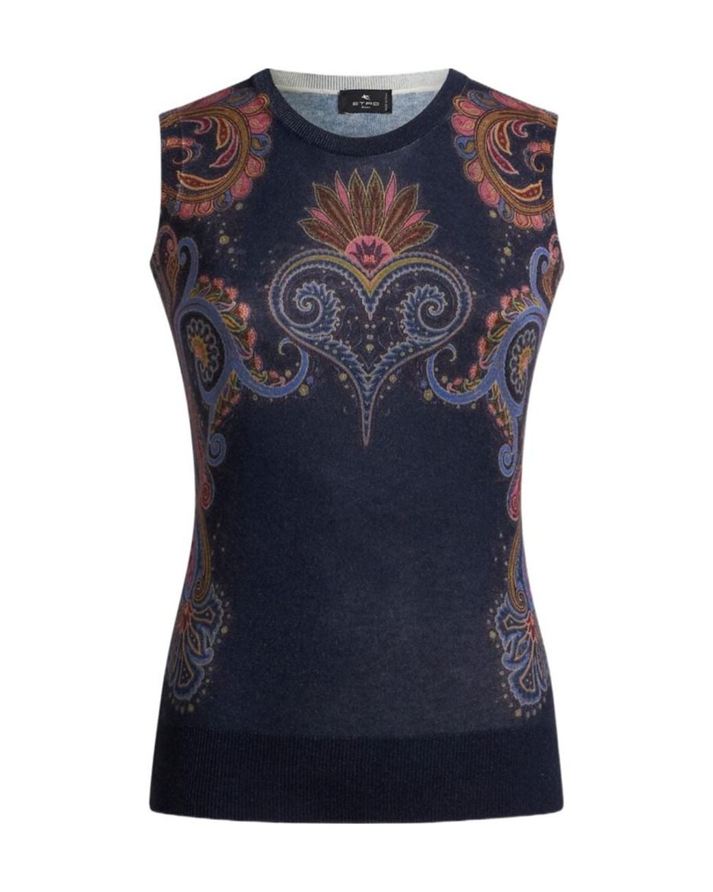Etro Blue Sleeveless Silk And Cashmere Top With Placed Paisley Print