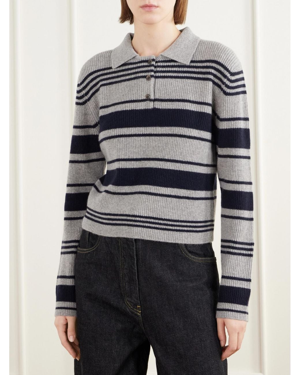 Lisa Yang Blue Striped Ribbed Cashmere Sweater