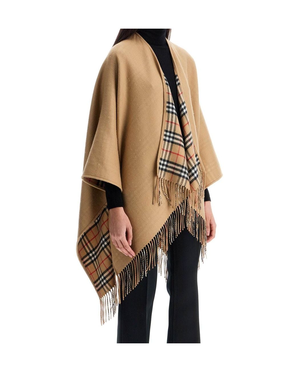 Burberry Brown Checked Fringed-Edge Reversible Cape