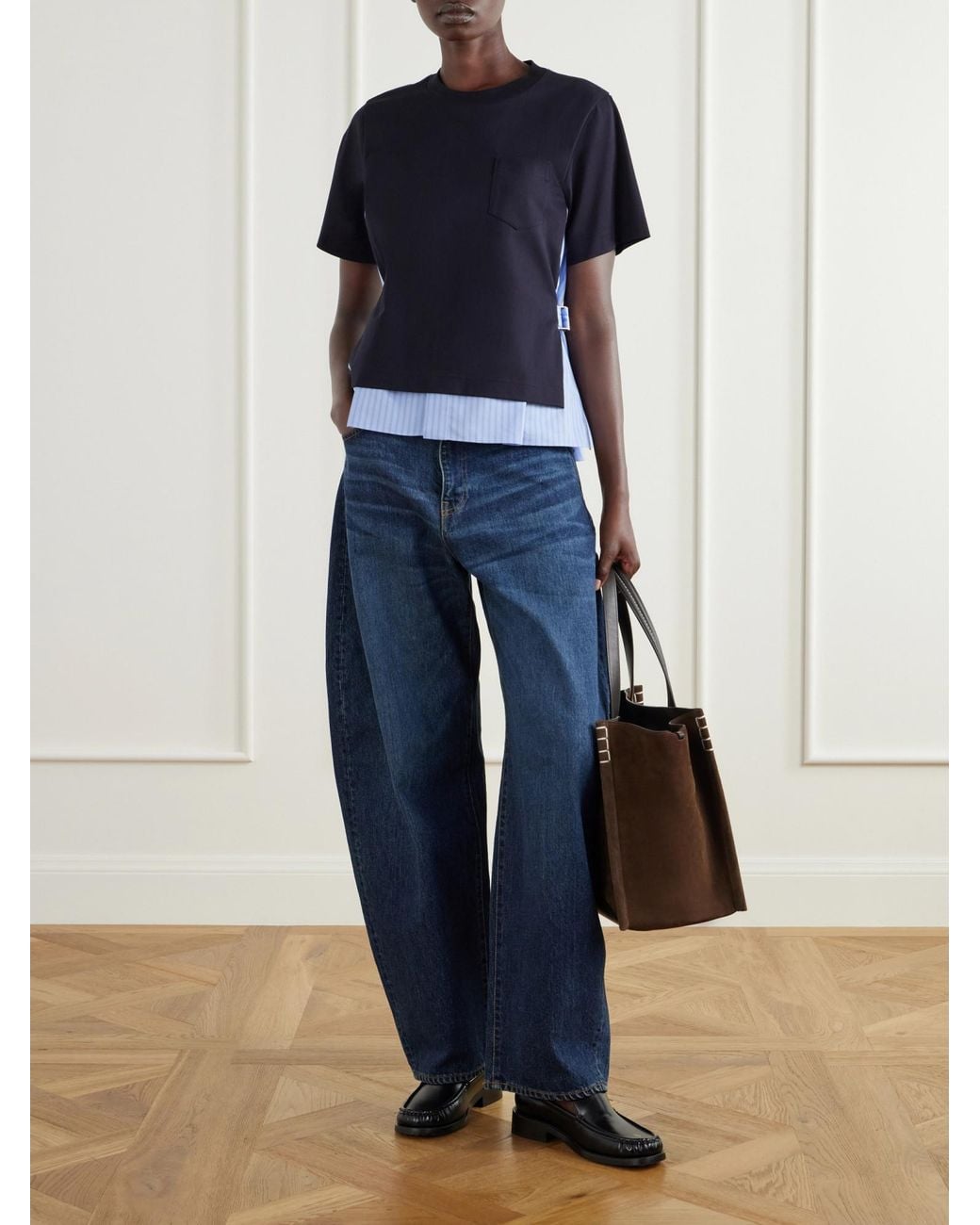 Sacai Black Layered-Panel Chest-Pocket T-Shirt for men