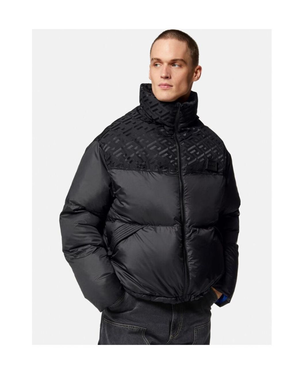 Versace Blue Logo Patch Zip-Up Padded Jacket for men