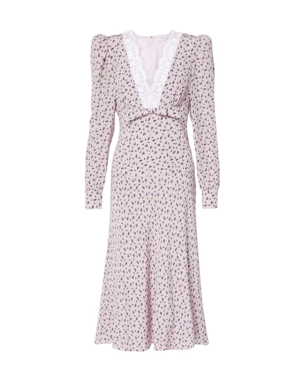 Alessandra Rich Purple Floral Lace-Trimmed Silk Midi Dress