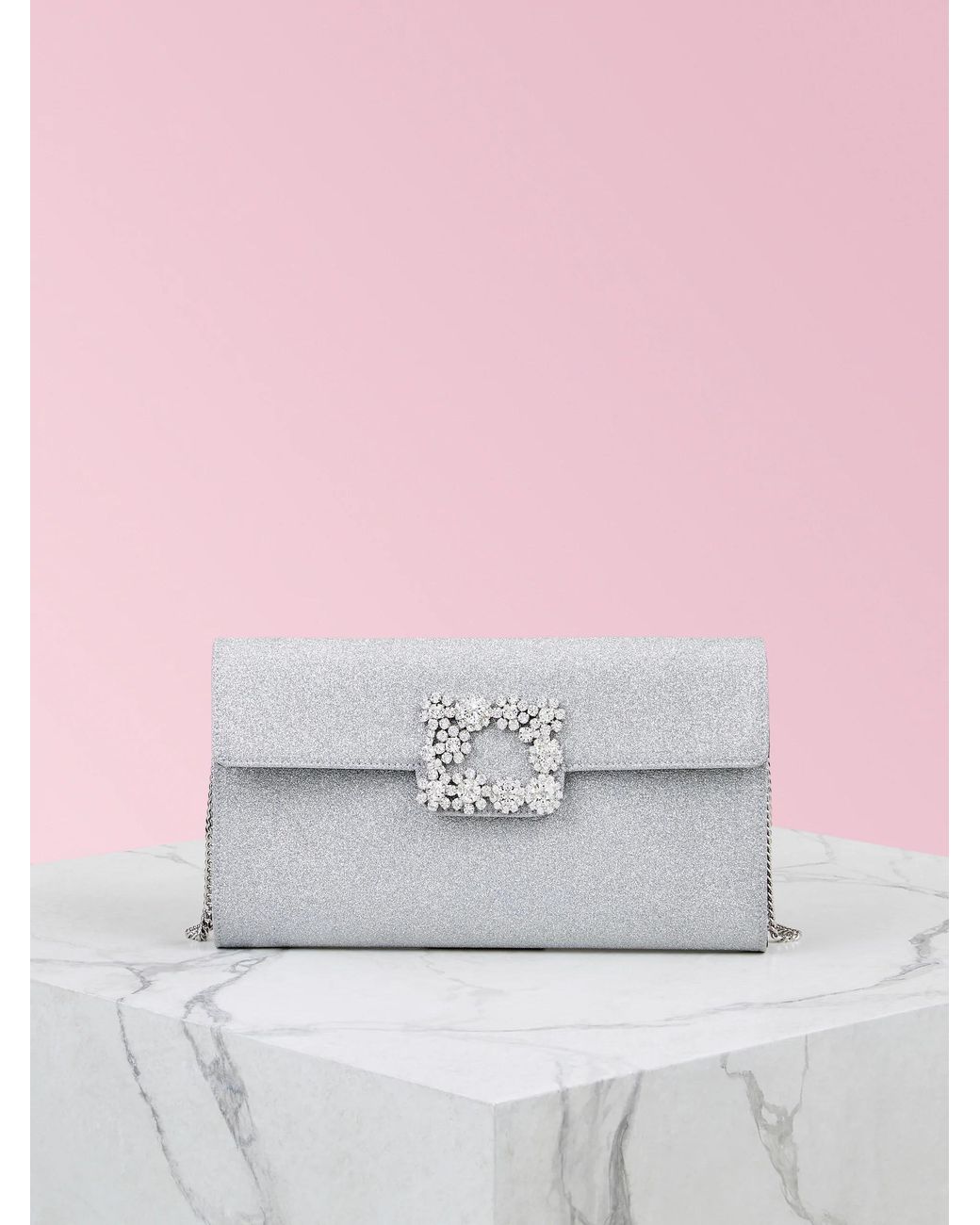 Roger Vivier Gray Flower Strass Buckle Clutch Bag