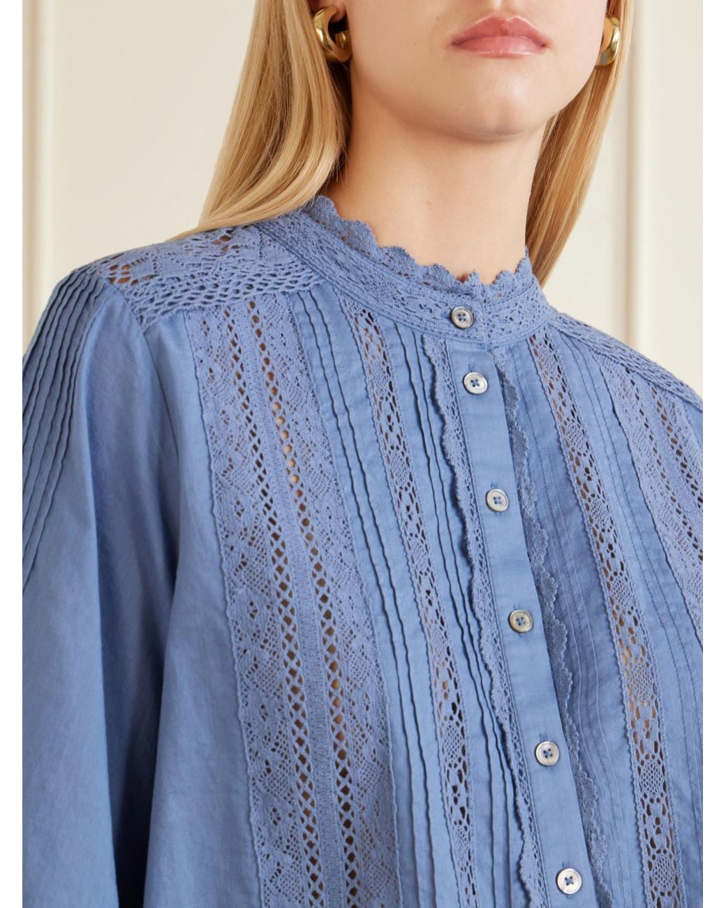 Sea Blue Crochet-Trimmed Cotton Blouse