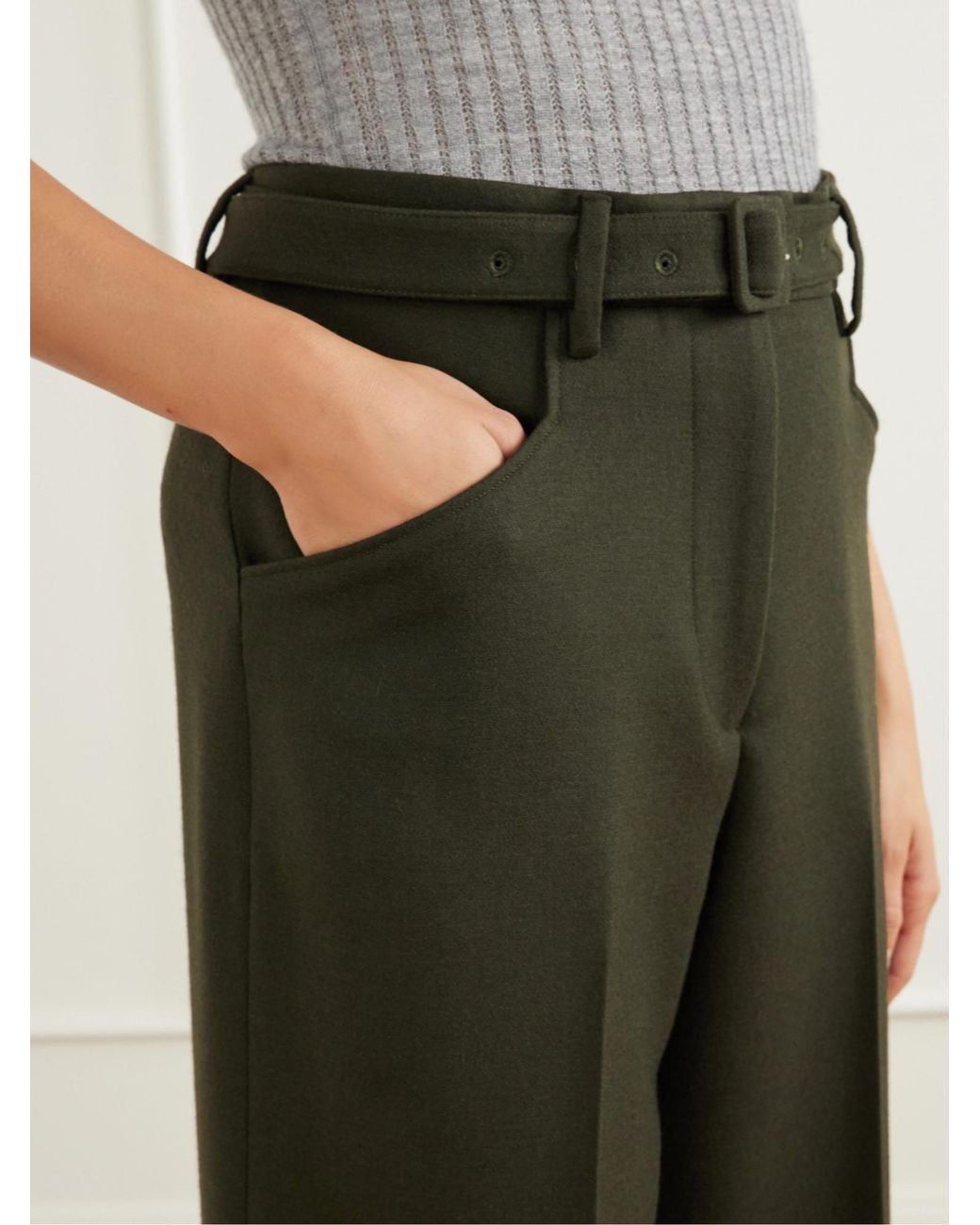 Gabriela Hearst Green Norman Belted Wool Straight-Leg Pantsst