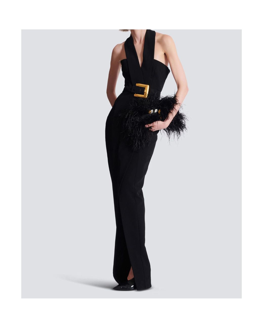 Balmain Black Belted Long Crepe Dress
