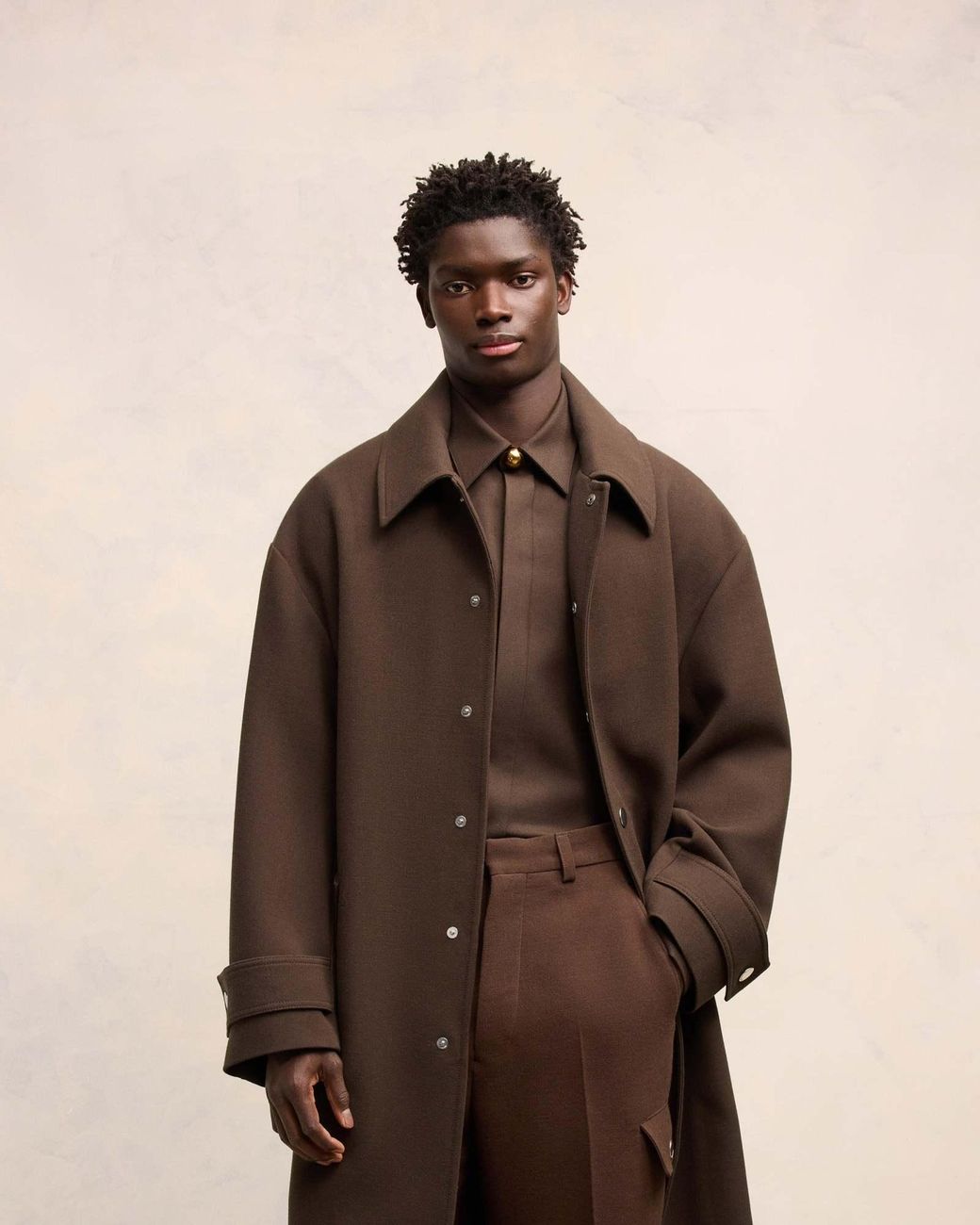 AMI Brown Belted Long Oversized Coat for men