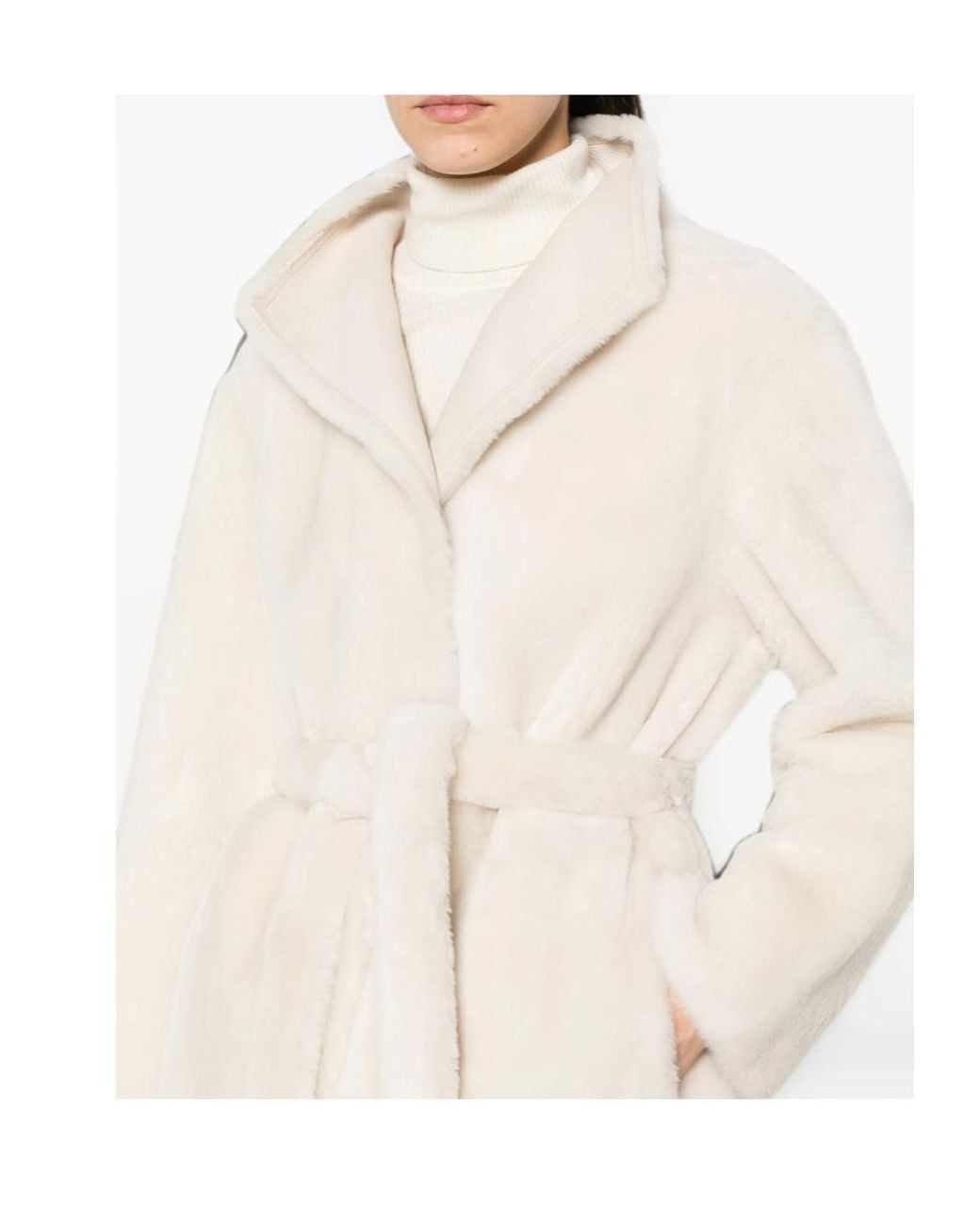 Yves Salomon White Belted Shearling Coat